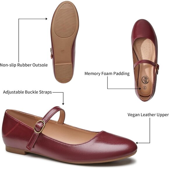 Trary Women Burgundy Leather Round Toe Mary Jane Ankle Strap Ballet Flats Shoes - Picture 4 of 6